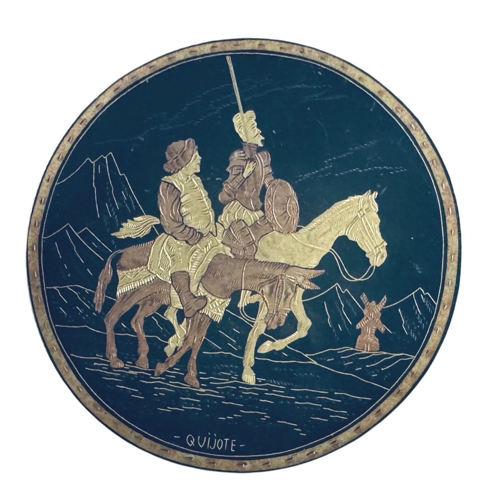 Vintage Don Quijote Sancho Panza Etched footed sm‎ dish Spanish Decor Round 4.5"